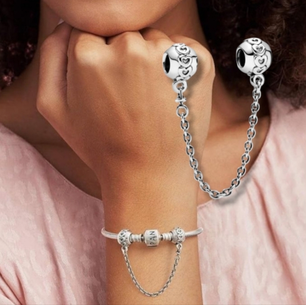 Pandora Sterling Silver Band Of Hearts Safety Chain Charm